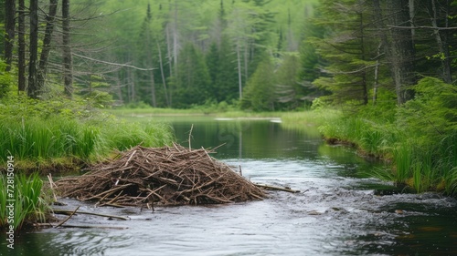 A beaver dam stands resiliently in a forest lake surrounded by lush greenery photo