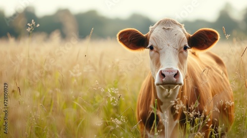 A single cow standing in a field with golden light at sunset