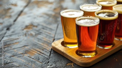 Variety of craft beers in glasses on wooden serving tray