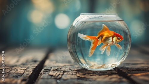 A solitary goldfish swimming in a clear bowl