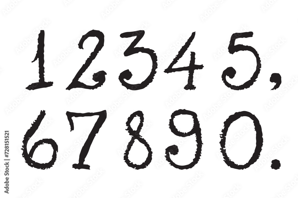 Handmade calligraphic numbers. Vector set with numbers from 0 to 9 and comma and period. Perfect for illustrating handmade things. Transparent background. Handmade calligraphic numbers. Vector set with numbers from 0 to 9 and comma and period. Perfect for illustrating handmade things. Transparent background.