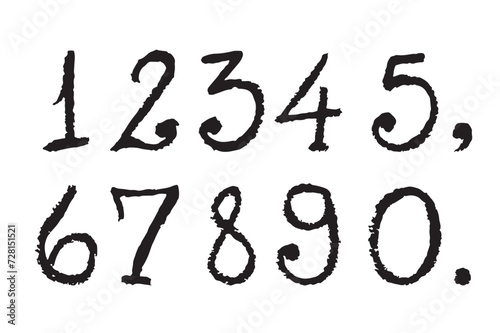 Handmade calligraphic numbers. Vector set with numbers from 0 to 9 and comma and period. Perfect for illustrating handmade things. Transparent background.
