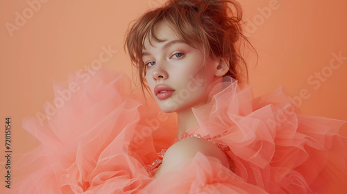Beautiful fashion model dressed in peach fuzz color fluffy clothes.peach fuzz color trend 2024 background.