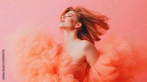Beautiful fashion model dressed in peach fuzz color fluffy clothes.peach fuzz color trend 2024 background.