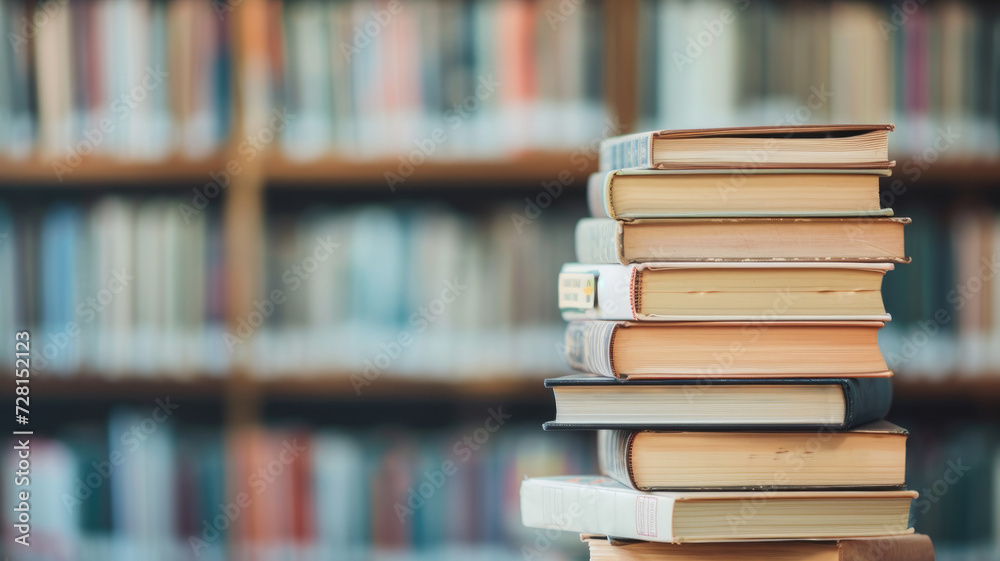 Stack of assorted books with library background Stack of assorted books with library background