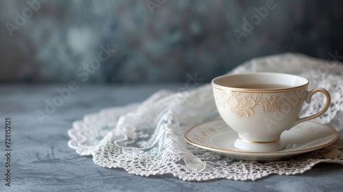 Vintage styled teacup on a delicate lace doily over a textured surface