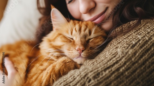 Cozy moment as a woman cuddles a sleeping orange tabby cat indoors photo