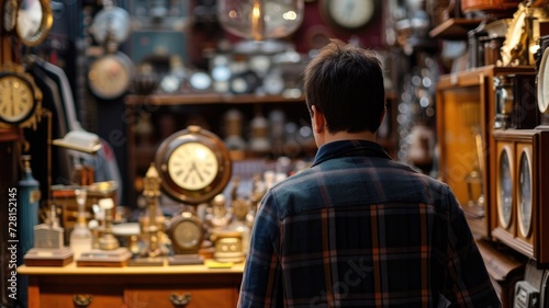 A man contemplating various antique clocks displayed in a shop photo