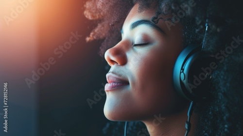 A young woman lost in music, wearing headphones with a blissful expression