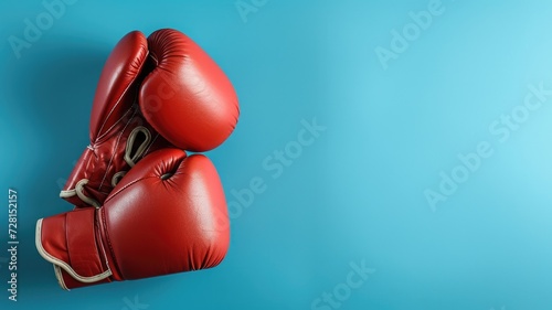 Bright red boxing gloves hanging against a solid blue backdrop