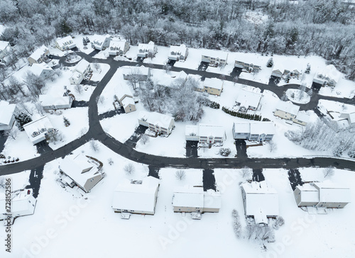 aerial view of residential community after snow storm