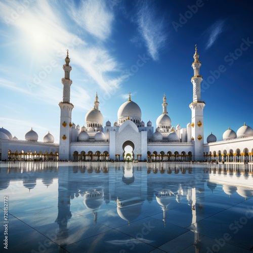 The grand mosque stands tall and majestic against the backdrop of a clear blue sky, its intricate architecture and towering minarets a testament to its cultural significance, with generative ai