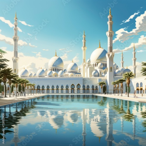 The grand mosque stands tall and majestic against the backdrop of a clear blue sky, its intricate architecture and towering minarets a testament to its cultural significance, with generative ai