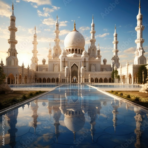 The grand mosque stands tall and majestic against the backdrop of a clear blue sky, its intricate architecture and towering minarets a testament to its cultural significance, with generative ai © MUdaylah