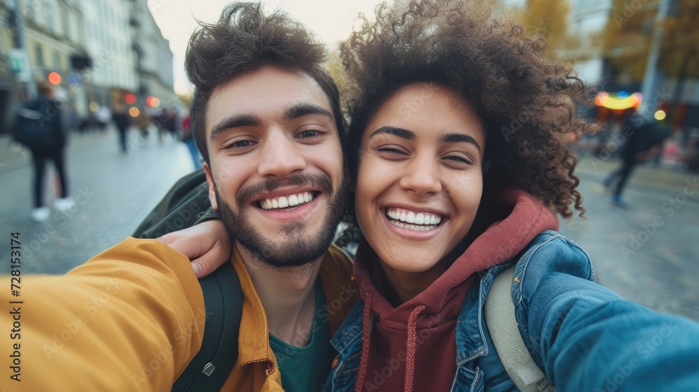 Cheerful mixed-race couple taking a selfie in an urban setting
