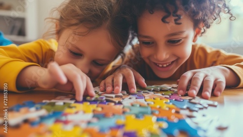 Two joyful children deeply engaged in solving a colorful jigsaw puzzle together photo