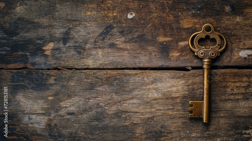 A vintage key with ornate details resting on a textured, worn wooden surface