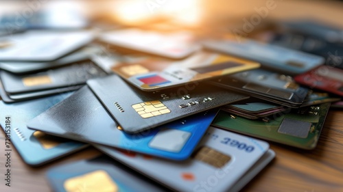 Closeup shot of various credit and debit cards stacked photo