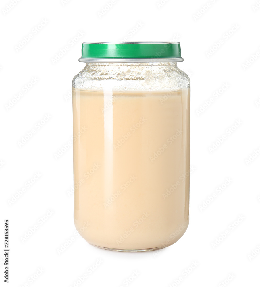Baby food. Tasty healthy puree in jar isolated on white Baby food. Tasty healthy puree in jar isolated on white