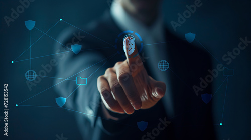 Man scan fingerprint biometric identity and approval. Secure access granted by valid fingerprint scan, cyber security on internet of digital program futuristic applications cybernetic business