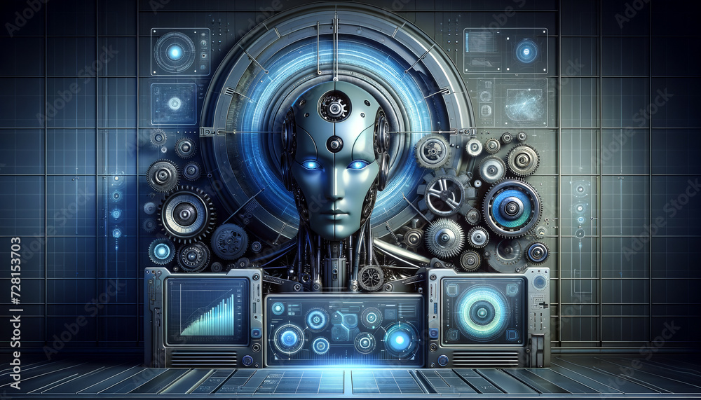 Obraz premium Sleek AI figure surrounded by futuristic machines and interfaces in a business intelligence setting.