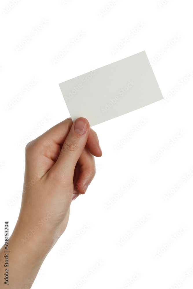 Woman holding blank business card on white background, closeup. Mockup for design Woman holding blank business card on white background, closeup. Mockup for design