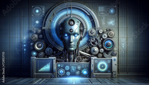 Sleek AI figure surrounded by futuristic machines and interfaces in a business intelligence setting.