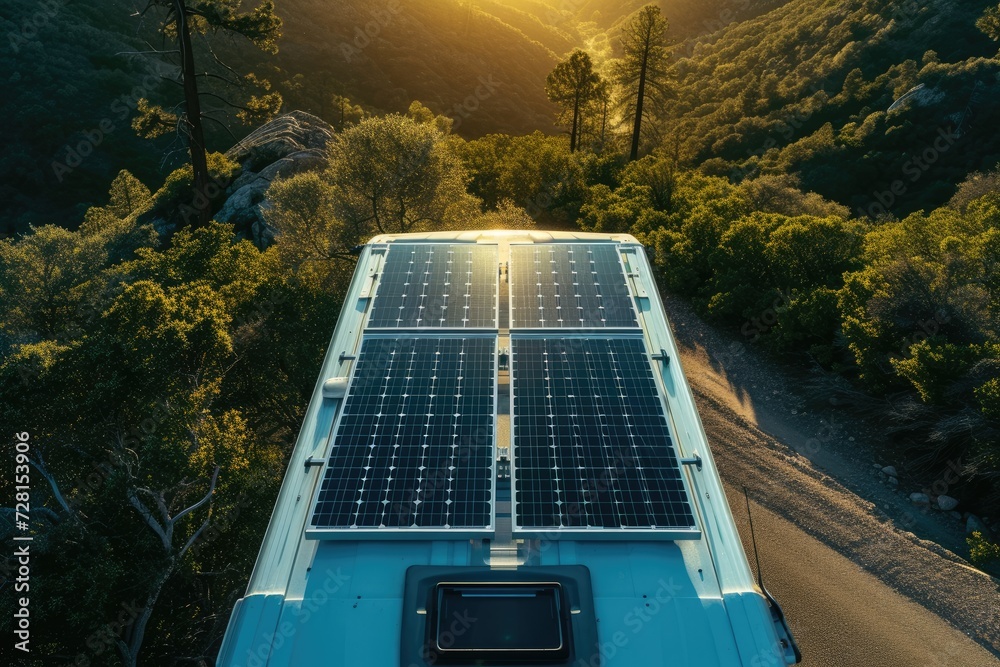 solar panels on a camper van roof, illustrating mobile and off-grid living - obrazy, fototapety, plakaty 