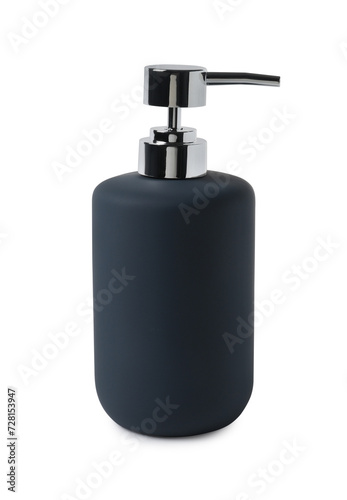 Bath accessory. Dark blue liquid soap dispenser isolated on white