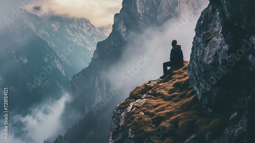 A person sits on the edge of a rocky outcrop, overlooking a dramatic mountain landscape partly enveloped in mist. The person is dressed in dark clothing and is facing away from the camera, seemingly d