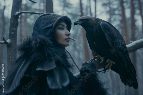 portrait of a beautiful young woman with an eagle