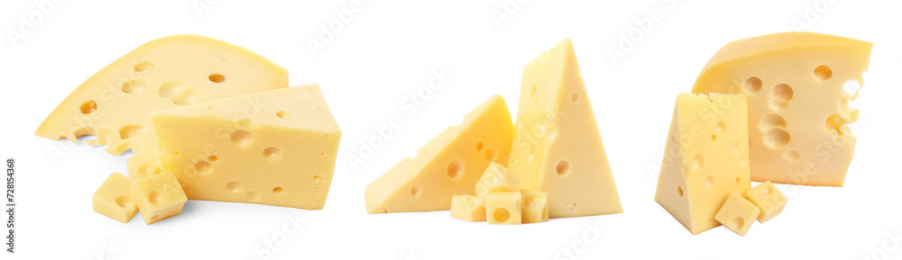 Fresh cheese isolated on white, set of pieces