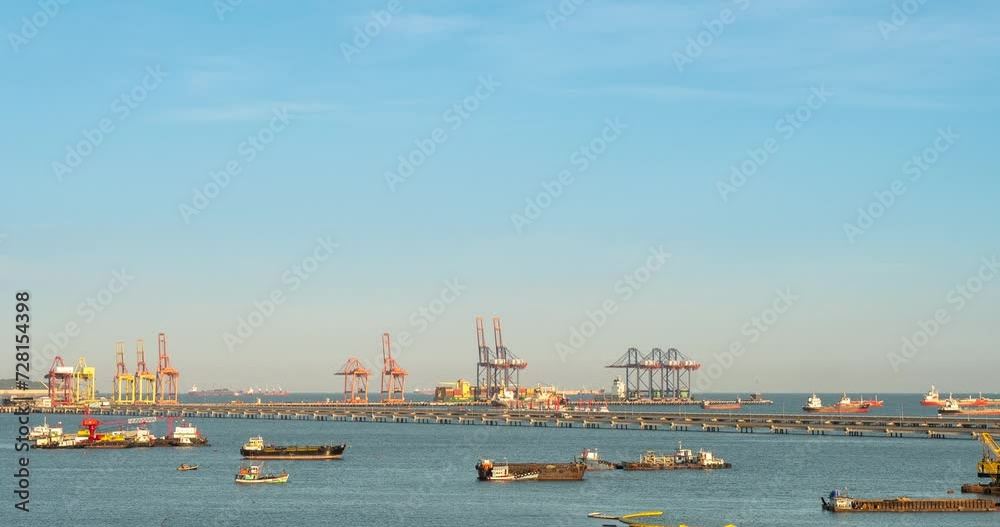 Logistic shipping quay boat Engineering crane depot at logistic export terminal control. Warehouse freight background container yard loading quayside harbor port. Logistics seascape shipping portal Logistic shipping quay boat Engineering crane depot at logistic export terminal control. Warehouse freight background container yard loading quayside harbor port. Logistics seascape shipping portal