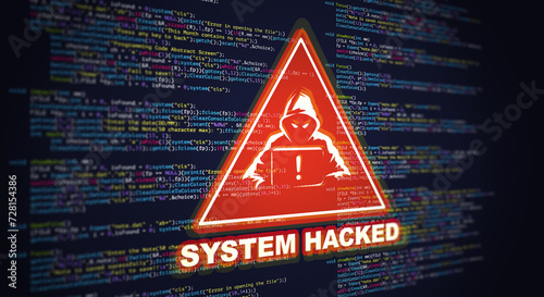 Abstract Modern tech of Programming code screen with Warning alert of System hacked. Virus, Malware, Cyber attack, and Internet cyber security Concept. 3D illustration.