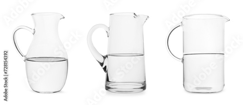 Glass jugs half-filled with water isolated on white, collection