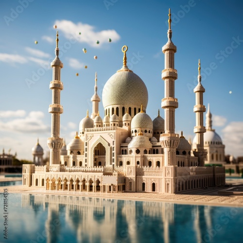 The grand mosque stands tall and majestic against the backdrop of a clear blue sky, its intricate architecture and towering minarets a testament to its cultural significance, with generative ai