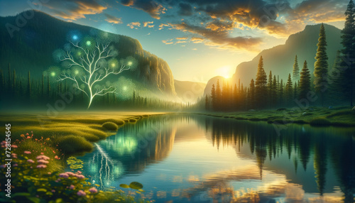 Tranquil sunset landscape intertwines with neural network patterns
