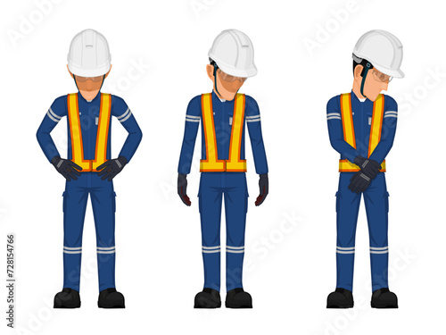 Set of construction worker in the position of looking at something on the floor
