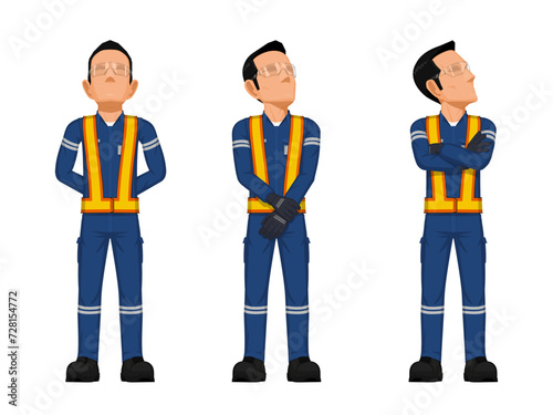 Set of construction worker in the position of looking at something over his head