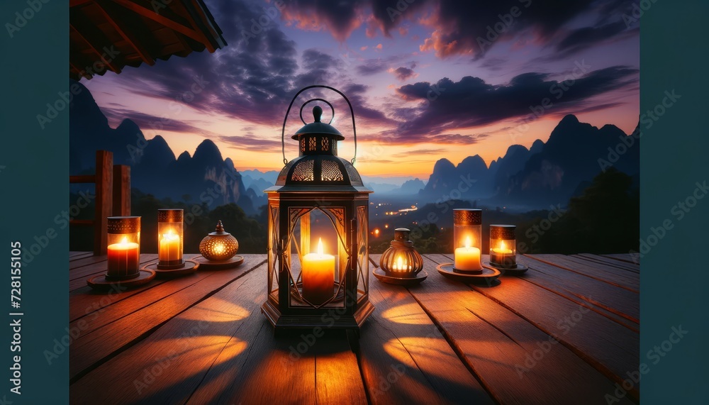 Ramadan lanterns in burning candles on a mountain landscape background in the afternoon Ramadan lanterns in burning candles on a mountain landscape background in the afternoon