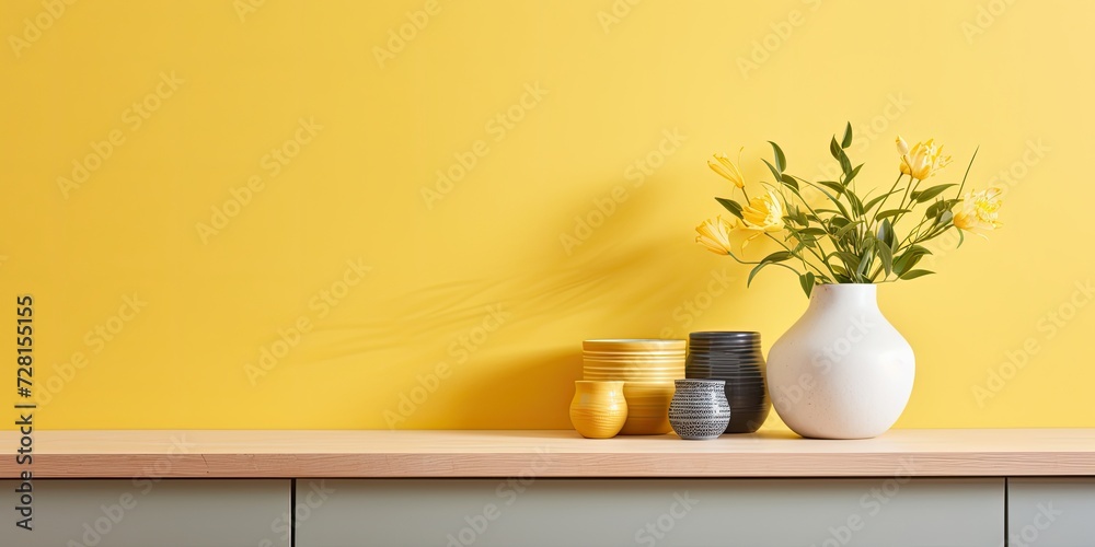 Contemporary storage unit with kitchenware, countertop, and plant by yellow wall. Contemporary storage unit with kitchenware, countertop, and plant by yellow wall.