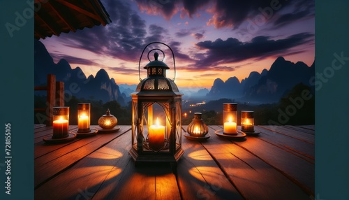 Ramadan lanterns in burning candles on a mountain landscape background in the afternoon