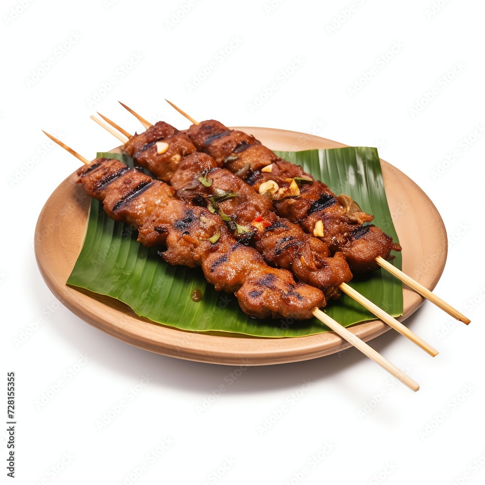 a grilled sate lilit, traditional balinese minced seafood or chicken satay with bamboo skewer, studio light , isolated on white background
