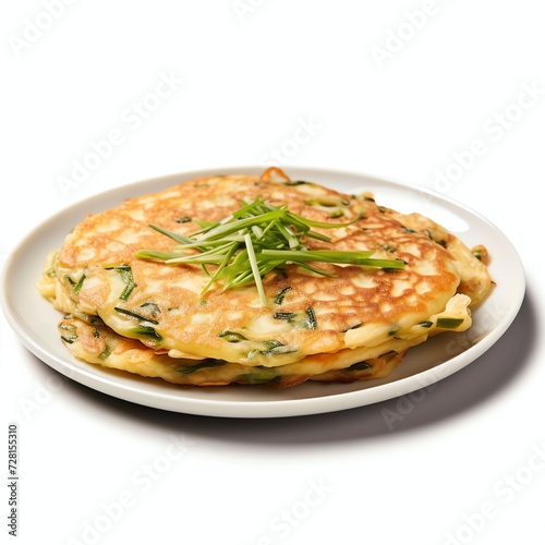 a haemul pajeon is korean seafood scallion pancake, studio light , isolated on white background,