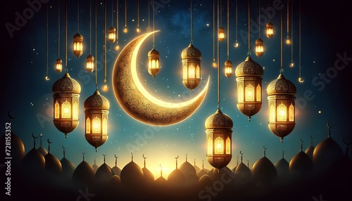 Decoration of Ramadan lanterns and crescent moon with dawn sky view background