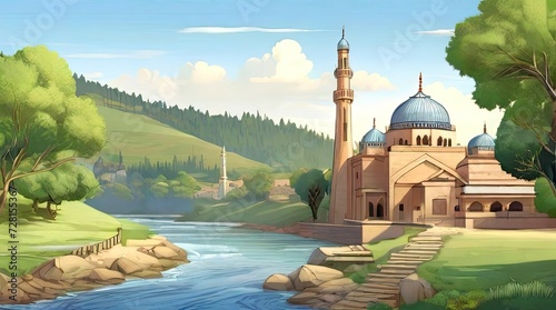 A Detailed Illustration of an Ancient Mosque Nestled Alongside the Serene River in the Heart of a Remote Village