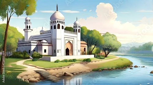 A Detailed Illustration of an Ancient Mosque Nestled Alongside the Serene River in the Heart of a Remote Village