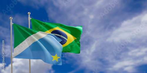 Official flags of the country Brazil and federal state of Mato Grosso Sul. Swaying in the wind under the blue sky. 3d rendering