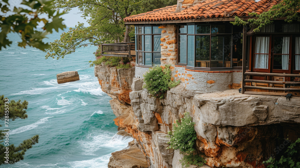 Fototapeta premium The Cliffside Restaurant is perched on a cliff overlooking the ocean. It is a unique restaurant that offers a stunning view of the ocean and the surrounding area