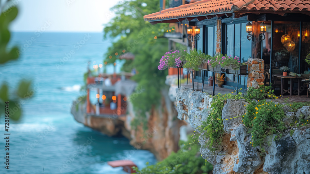 Fototapeta premium The Cliffside Restaurant is perched on a cliff overlooking the ocean. It is a unique restaurant that offers a stunning view of the ocean and the surrounding area